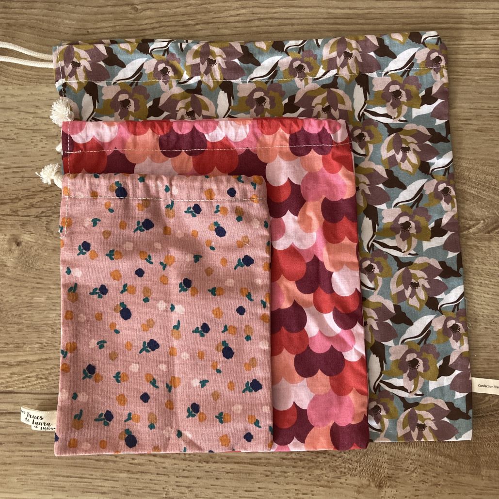 lot de 3 sacs à vrac à motifs fleuris en coton bio