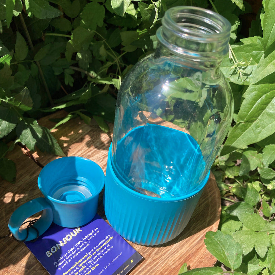 Bouteille réutilisable nomade en verre, gourde hermétique made in France, gourde sans plastique, gourde biosourcée végétale, Zéro Déchet