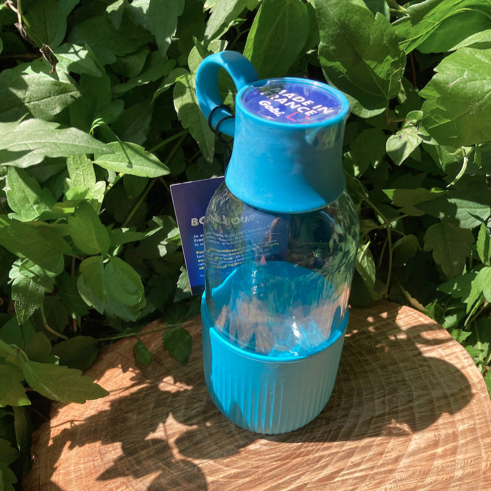 Gourde en verre bleue posée sur une souche d'arbre