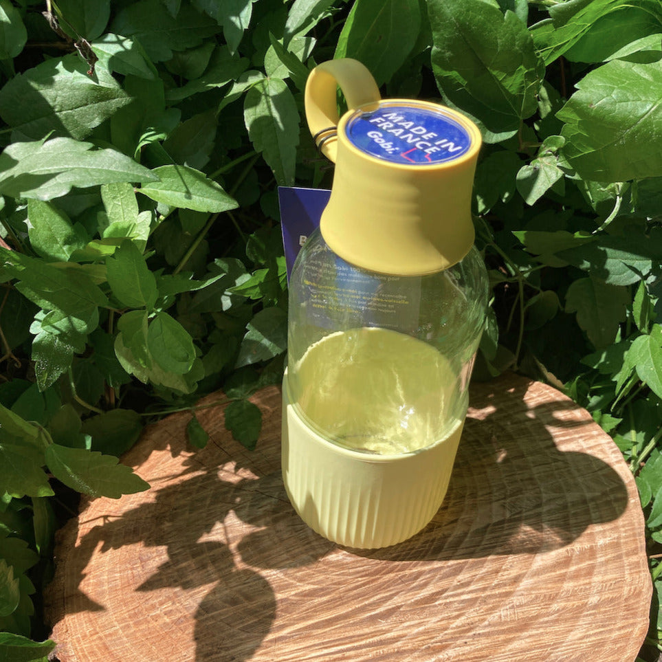 Bouteille réutilisable nomade en verre, gourde hermétique made in France, gourde sans plastique, gourde biosourcée végétale, Zéro Déchet