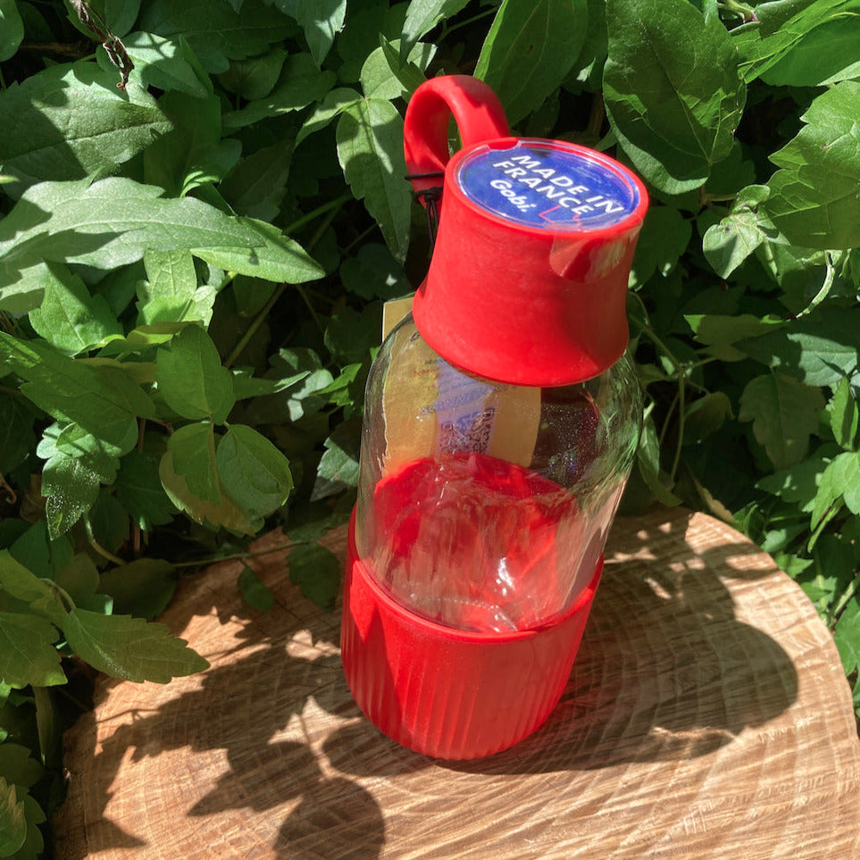 Bouteille réutilisable nomade en verre, gourde hermétique made in France, gourde sans plastique, gourde biosourcée végétale, Zéro Déchet