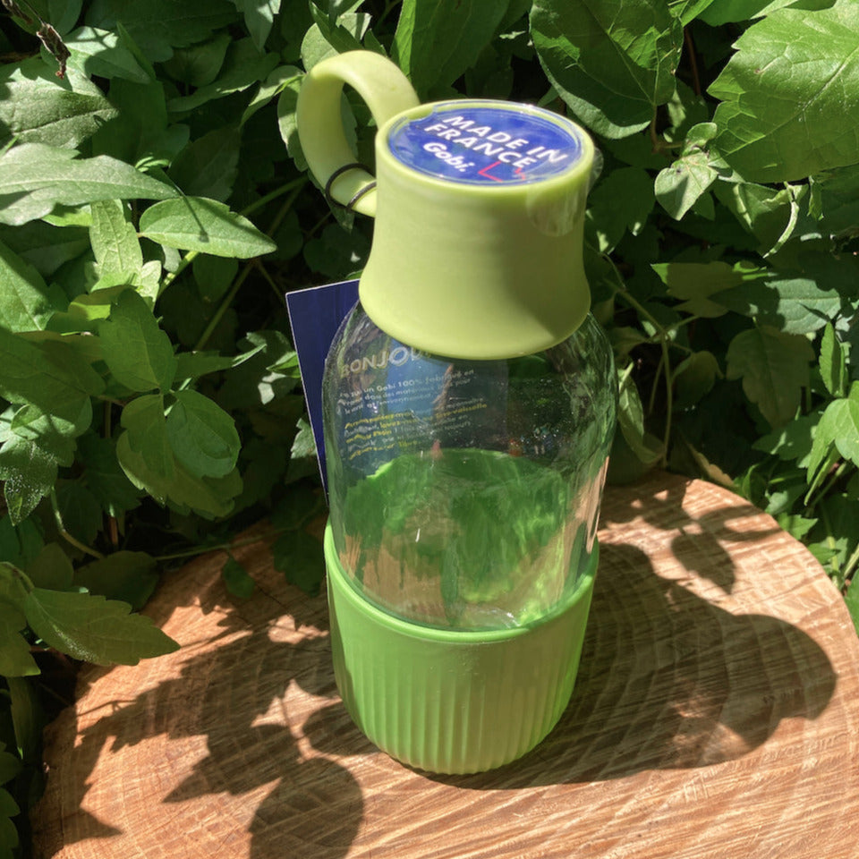 Bouteille réutilisable nomade en verre, gourde hermétique made in France, gourde sans plastique, gourde biosourcée végétale, Zéro Déchet