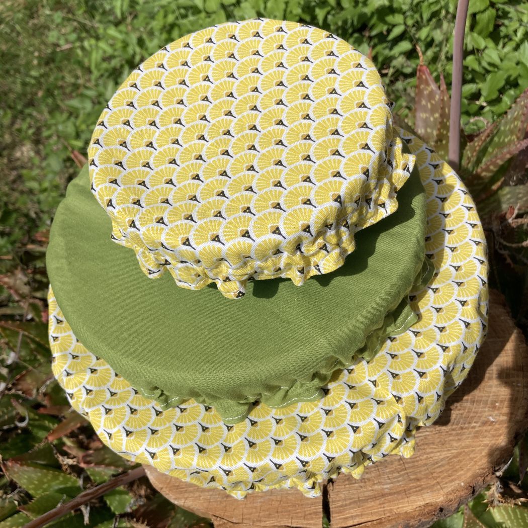 lot de 3 couvre plat alimentaire jaune éventail et vert kaki