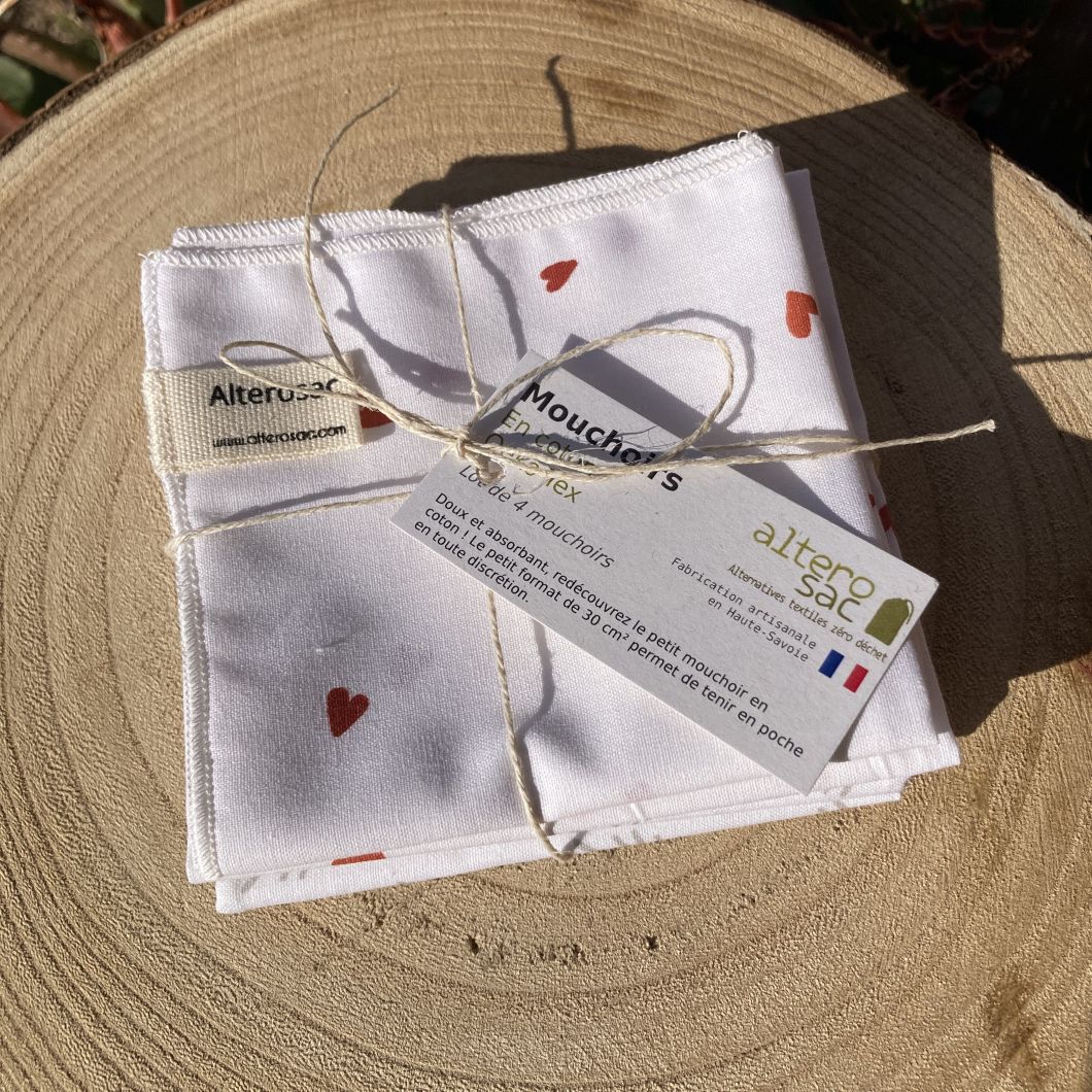 4 Mouchoirs en tissu réutilisables coeur