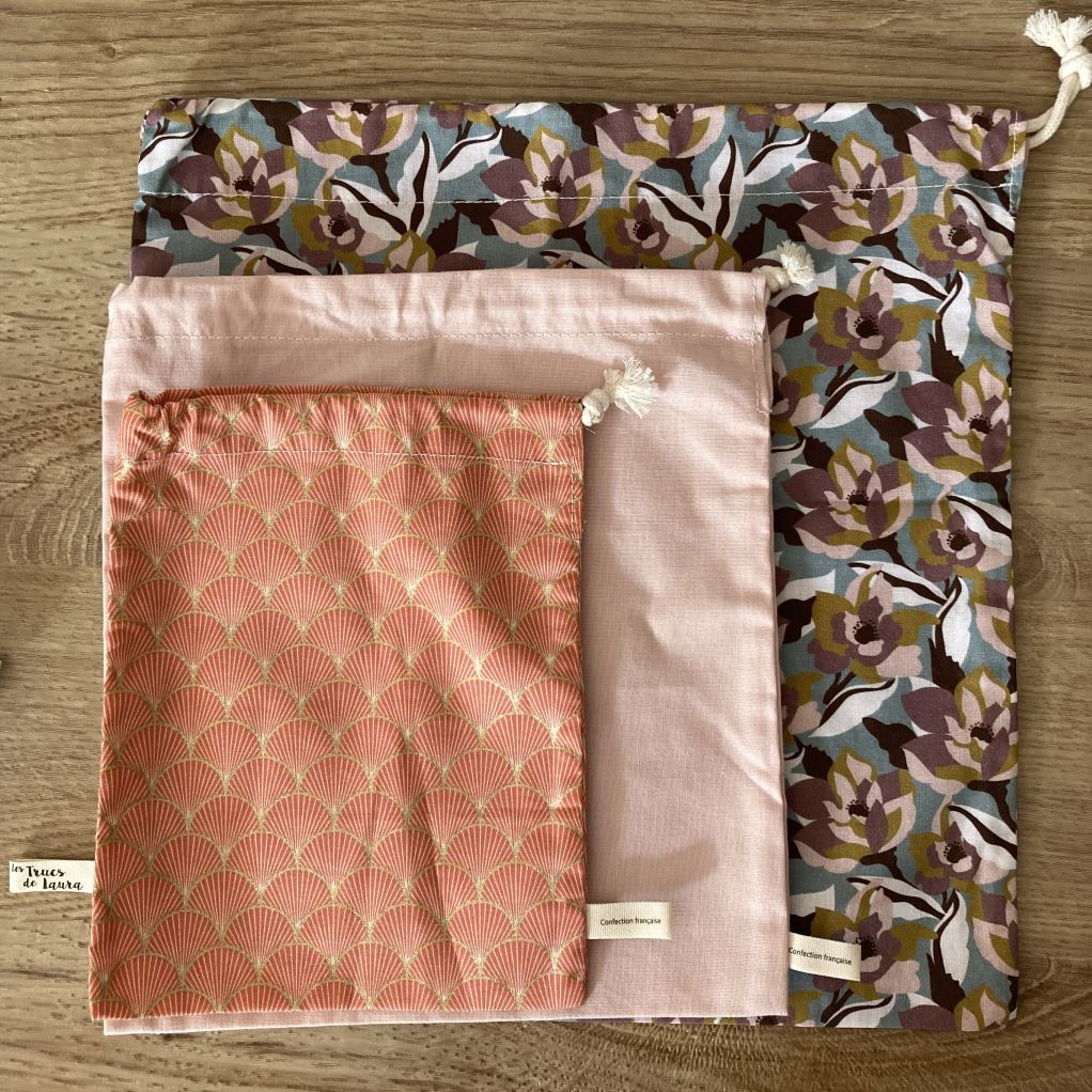 lot de 3 sacs à vrac à motifs clairs en coton bio