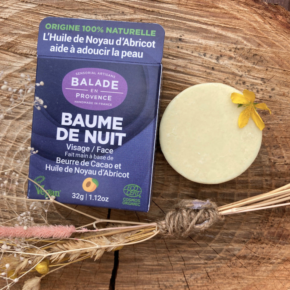 Baume solide, ingrédients biologiques, Vegan et bio, cosmétique naturelle, beauté de nuit, produit naturel, artisanat français, Zéro Déchet, Alpes Maritimes (06)