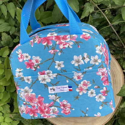 sac motifs cerisier bleu de face avec poignée
