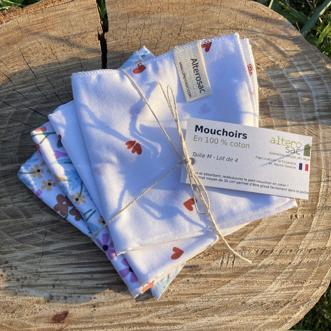 lot de 4 mouchoirs en coton sur souche de bois