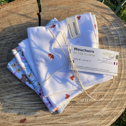 lot de 4 mouchoirs en coton sur souche de bois