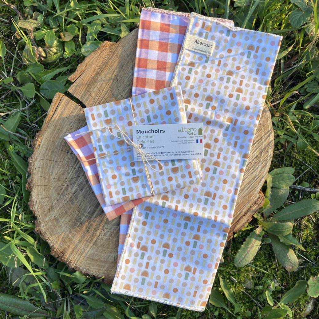 lot de 4 mouchoirs en coton sur souche de bois