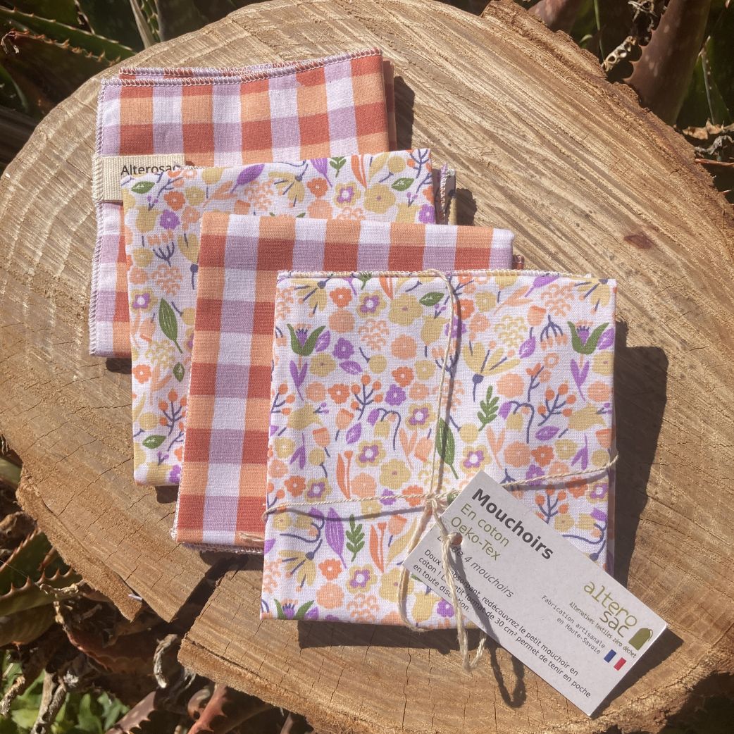 lot de 4 mouchoirs en coton sur souche de bois