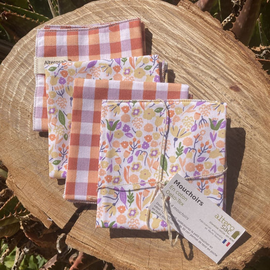 lot de 4 mouchoirs en coton sur souche de bois