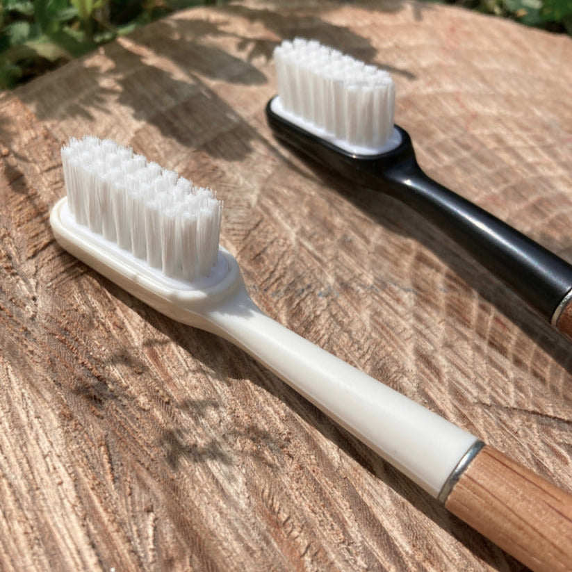 brosse à dent, noir, blanc, manche bois, tete interchangeable